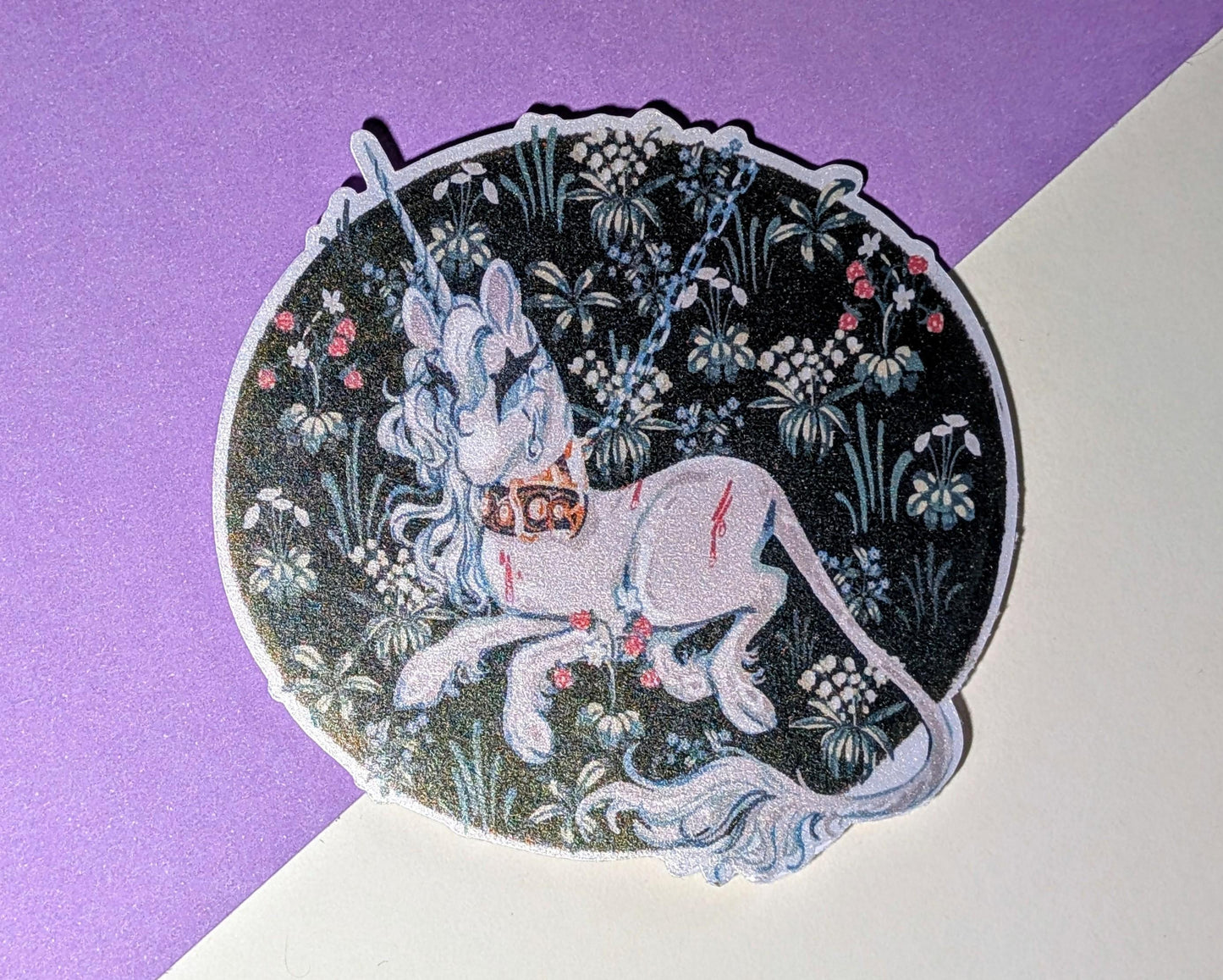 Unicorn In Captivity | Large Pearlescent Sticker | Unicorn Tapestry Sticker
