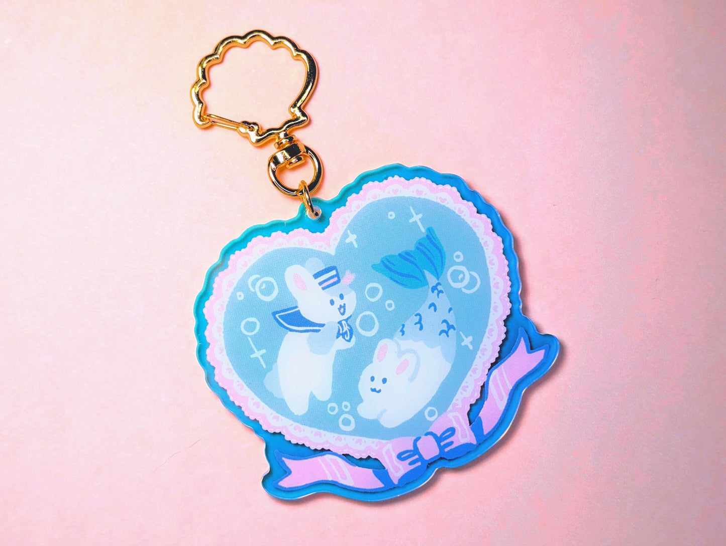 Sea Bunnies | Iridescent Holographic Rainbow Keychain | Cute Rabbit Nautical Themed Merbunny Keychain Charm
