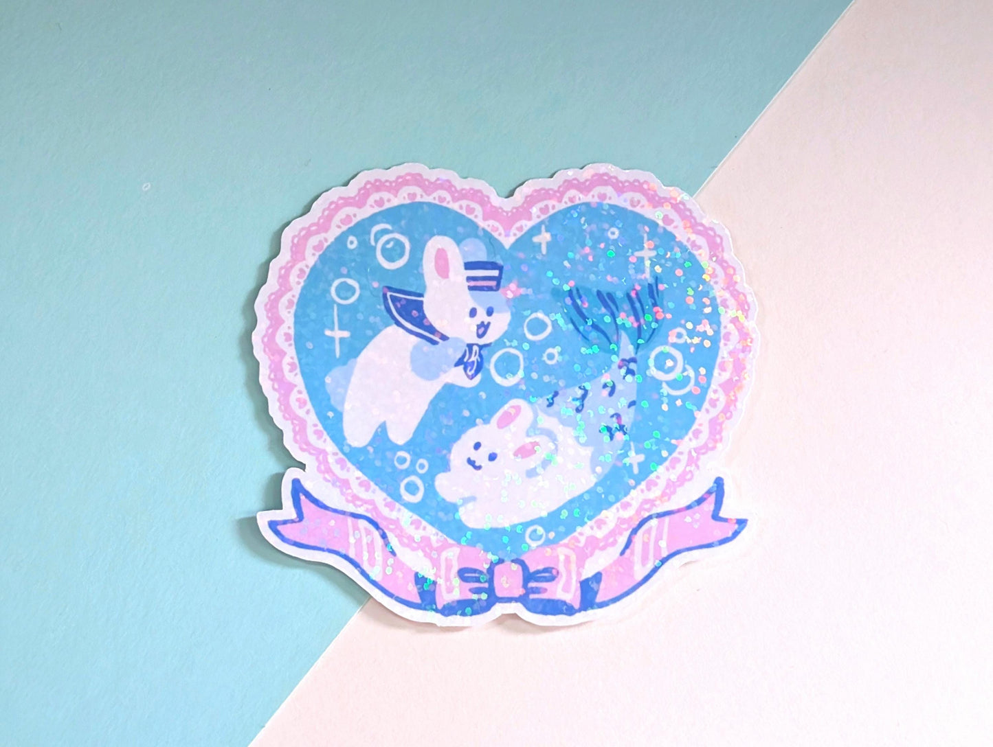 Sea Bunnies in Love | Cute Nautical Holographic Sticker | Large Rabbit Sticker | Cute Stationery