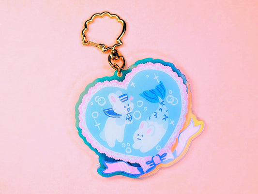 Sea Bunnies | Iridescent Holographic Rainbow Keychain | Cute Rabbit Nautical Themed Merbunny Keychain Charm